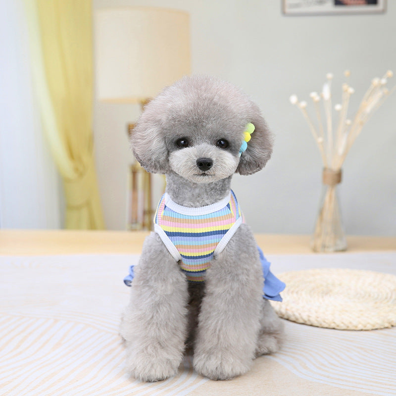 Pet Clothes Dress Cartoon Teddy Schnauzer Pugs Small And Medium-Sized Dogs Color Striped Skirt - Apple Promo New