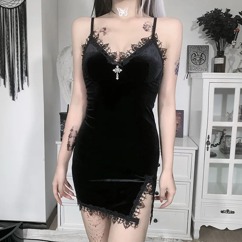 Dark Cross Black Mini Dress Vintage Sexy Spaghetti Strap High Waist Slit Dresses Goth Party Club Women Dress - Apple Promo New