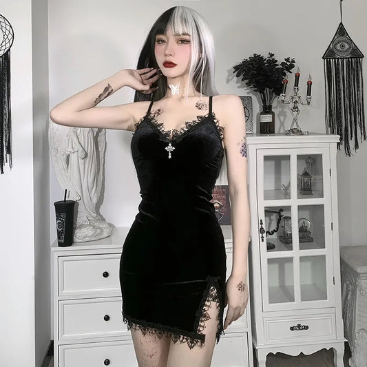 Dark Cross Black Mini Dress Vintage Sexy Spaghetti Strap High Waist Slit Dresses Goth Party Club Women Dress - Apple Promo New