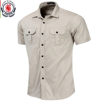 Fredd Marshall New Mens Military Shirt Men Short Sleeve Cargo Shirts 100% Cotton Casual Solid Shirt Male Pocket Work Shirt 55889 - Apple Promo New