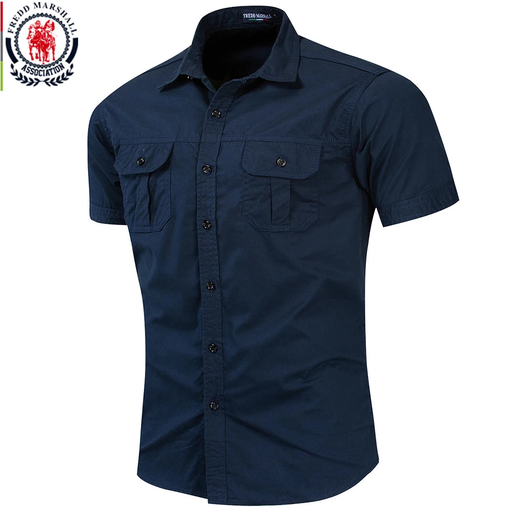 Fredd Marshall New Mens Military Shirt Men Short Sleeve Cargo Shirts 100% Cotton Casual Solid Shirt Male Pocket Work Shirt 55889 - Apple Promo New