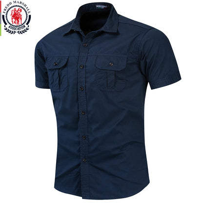 Fredd Marshall New Mens Military Shirt Men Short Sleeve Cargo Shirts 100% Cotton Casual Solid Shirt Male Pocket Work Shirt 55889 - Apple Promo New