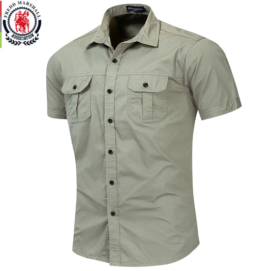 Fredd Marshall New Mens Military Shirt Men Short Sleeve Cargo Shirts 100% Cotton Casual Solid Shirt Male Pocket Work Shirt 55889 - Apple Promo New