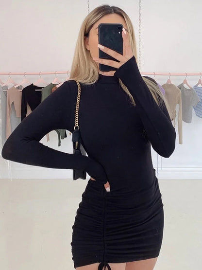 Long Sleeve Ruched Bodycon Dress Women Turtleneck Bandage Mini Dresses Autumn Black Skinny Stretchy Party Vestidos - Apple Promo New