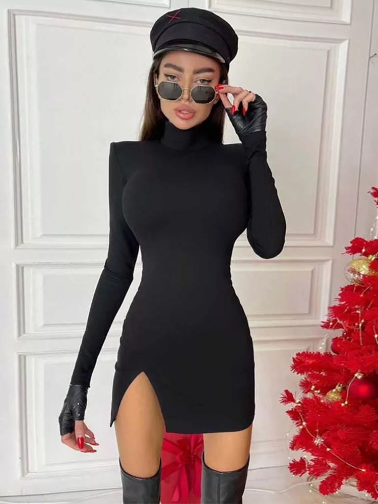 Women Spring Autumn Long Sleeve Bodycon Soild Color Black Slim Package Hip Mini Dress 2022 Female Clothing Streetwear - Apple Promo New