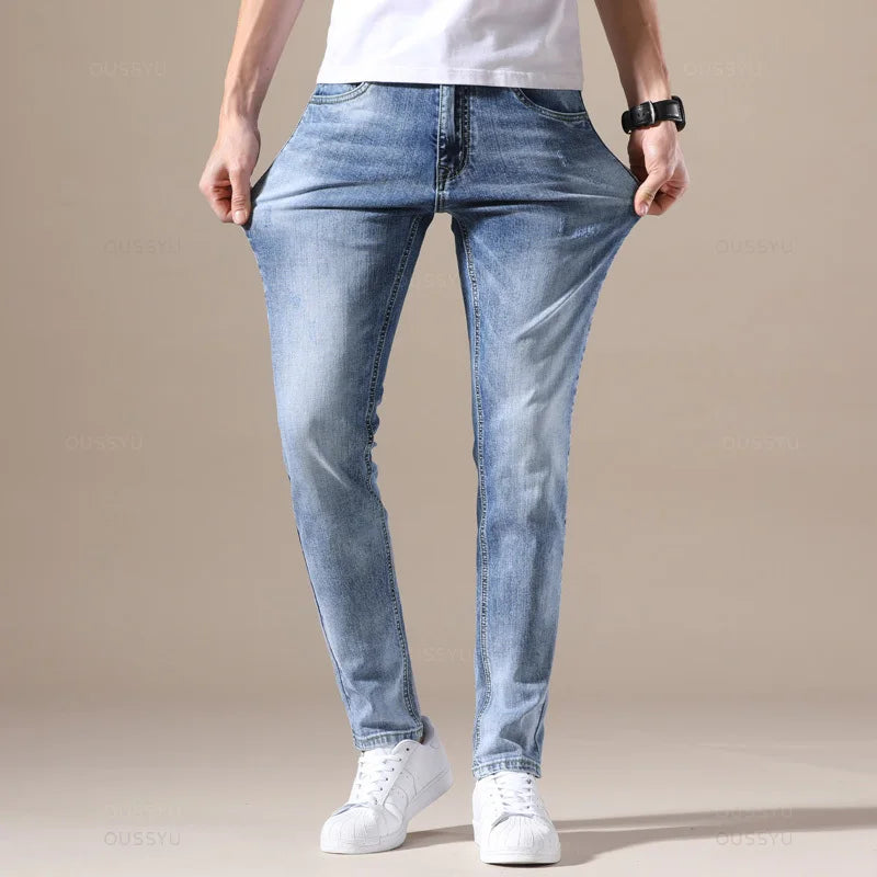 OUSSYU Brand Clothing Jeans Men High Quality Stretch Light Blue Denim Fashion Pleated Retro Pocket Skinny Trousers Pants 28-40 - Apple Promo New