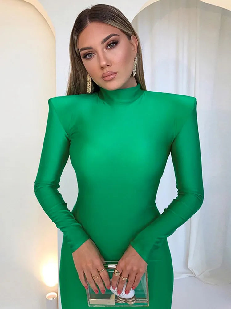 Hugcitar Solid Long Sleeve With Shoulder Pads Turtleneck Maxi Dress 2023 New Year Women Fashion Streetwear Elegant Skinny - Apple Promo New