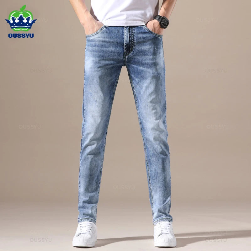 OUSSYU Brand Clothing Jeans Men High Quality Stretch Light Blue Denim Fashion Pleated Retro Pocket Skinny Trousers Pants 28-40 - Apple Promo New