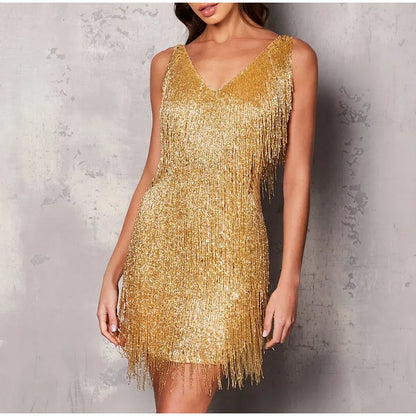 2023 New Sexy Tassel Sequins Feather Mini Dress Women Spaghetti Strap Stitching Dresses Female Elegant Evening Party Club Dress