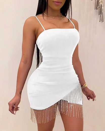 New Woman Party Night Birthday Tassel Split Sleeveless Bodycon Dress Summer Elegant Suspender Short Mini Pencil Sexy Dresses - Apple Promo New