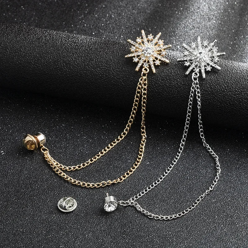 Korean High-end Rhinestone Star Brooch Crystal Tassel Chain Corsage Suit Coat Badge Lapel Pin for Men Women Clothing Accessories