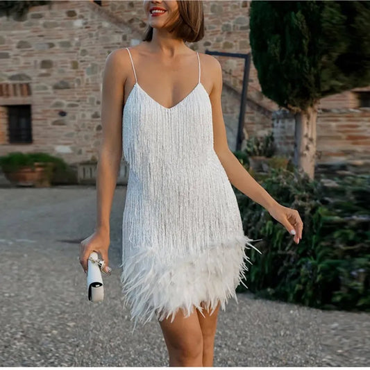 2023 New Sexy Tassel Sequins Feather Mini Dress Women Spaghetti Strap Stitching Dresses Female Elegant Evening Party Club Dress - Apple Promo New