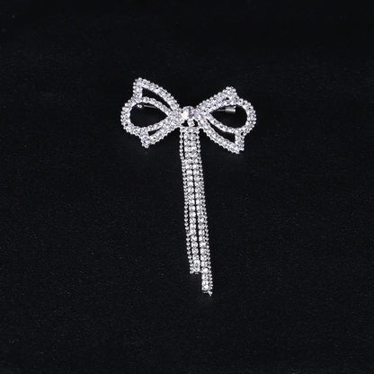 Dmari Luxury Jewelry Rhinestone Long Thread Tassel Drop Brooches Korean Fashion Bow Tie Lapel Pin For Women Clothing Accessories