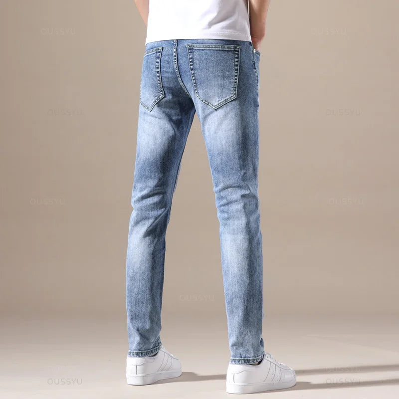 OUSSYU Brand Clothing Jeans Men High Quality Stretch Light Blue Denim Fashion Pleated Retro Pocket Skinny Trousers Pants 28-40 - Apple Promo New