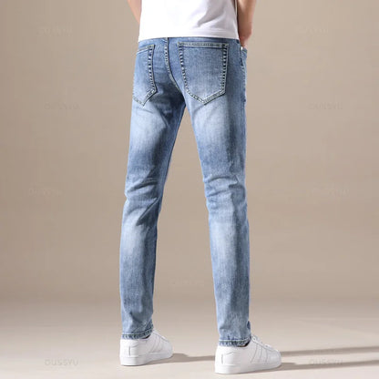 OUSSYU Brand Clothing Jeans Men High Quality Stretch Light Blue Denim Fashion Pleated Retro Pocket Skinny Trousers Pants 28-40 - Apple Promo New