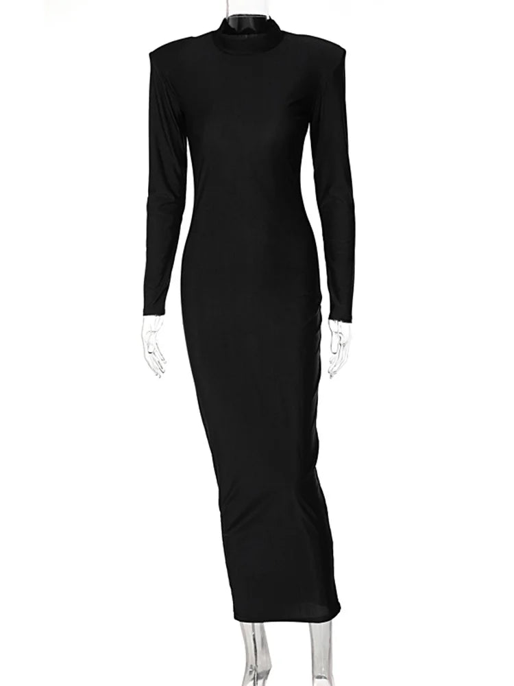 Hugcitar Solid Long Sleeve With Shoulder Pads Turtleneck Maxi Dress 2023 New Year Women Fashion Streetwear Elegant Skinny - Apple Promo New