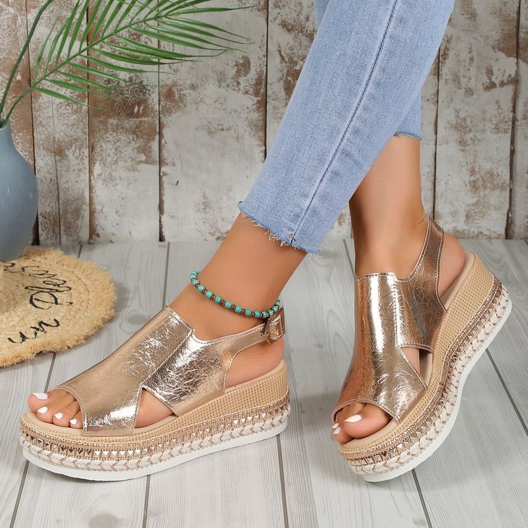 Summr Shiny Sandals Hollow Design Fish Mouth Sandal For Women Fashion Buckle Wedges Shoes