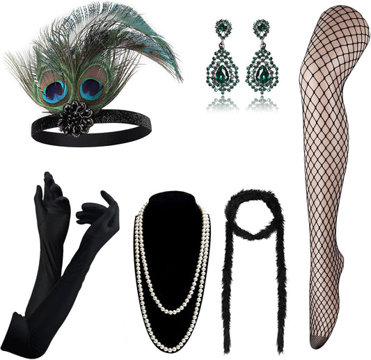 1920S Great Gatsby Accessories for Women Flapper Headpiece Headband Gloves Costume Harlem Nights Accessories Set