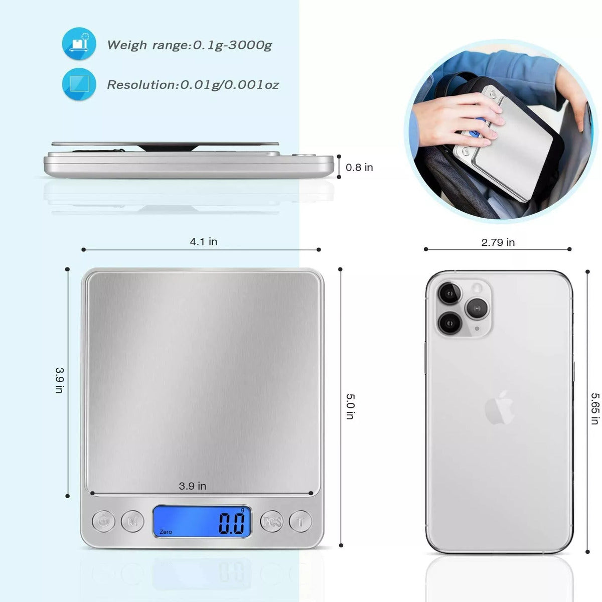 Small Digital Food Scale Ounce OZ and Gram Scale, Kitchen Scale 3000G 0.1G High Precision for Baking, Soap Making, Jewelry, Includes 2 Trays and Batteries, 9 Units, Tare Function, Easy to Store