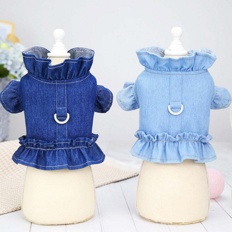 Pets Jeans Dress Apparel Dog Ruffles Vest Pet Harness Denim Dress Puppy Blue Jeans Clothes Cat Dogs Leash Hook Chest Back Dress - Apple Promo New