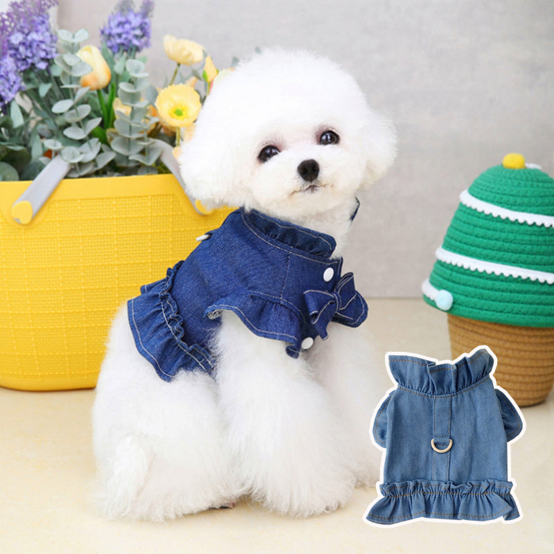 Pets Jeans Dress Apparel Dog Ruffles Vest Pet Harness Denim Dress Puppy Blue Jeans Clothes Cat Dogs Leash Hook Chest Back Dress - Apple Promo New